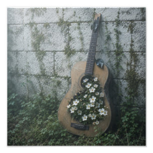 Forgotten Garden Old Guitar and White Wildflower Photo Print