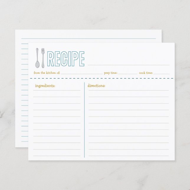 Fork and Spoon Blue Yellow Recipe Card (Front/Back)