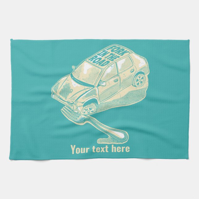 Fork in the road car accident tea towel (Horizontal)
