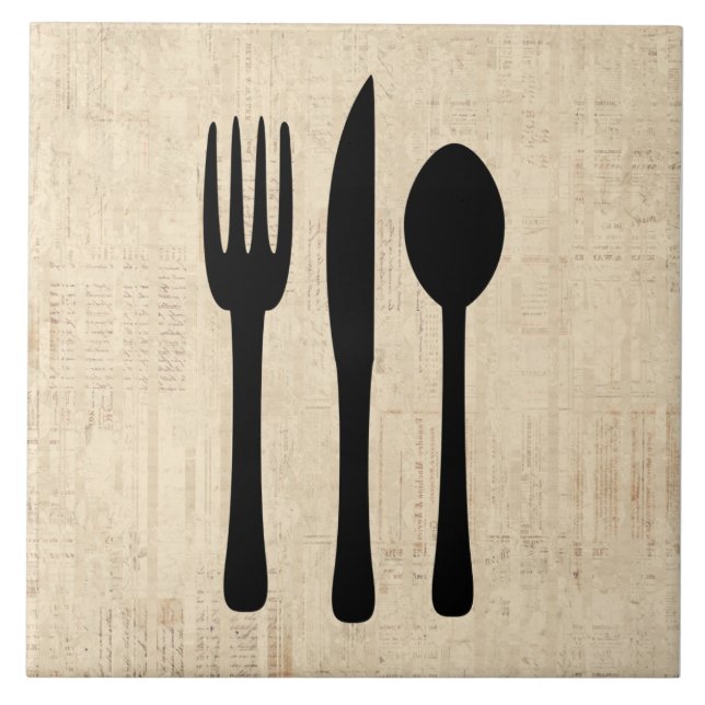 Fork Knife and Spoon Silverware Art Script Style Ceramic Tile (Front)