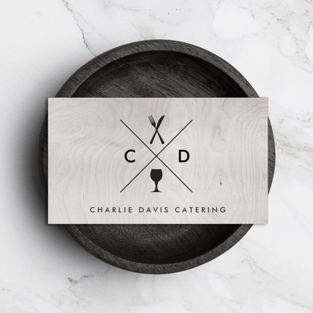 FORK & KNIFE MONOGRAM on GRAY WOOD BACKGROUND Business Card (Creator Uploaded)