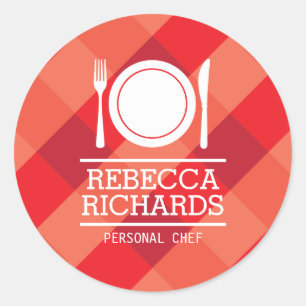 Fork, Plate, Knife Logo on Red Gingham Classic Round Sticker