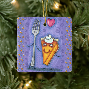 FORK & PUMPKIN PIE, MADE FOR EACH OTHER, ROMANCE CERAMIC ORNAMENT