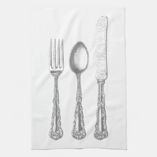 Fork, spoon, knife kitchen towel, vintage tea towel