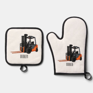 Forklift cartoon illustration oven mitt & pot holder set