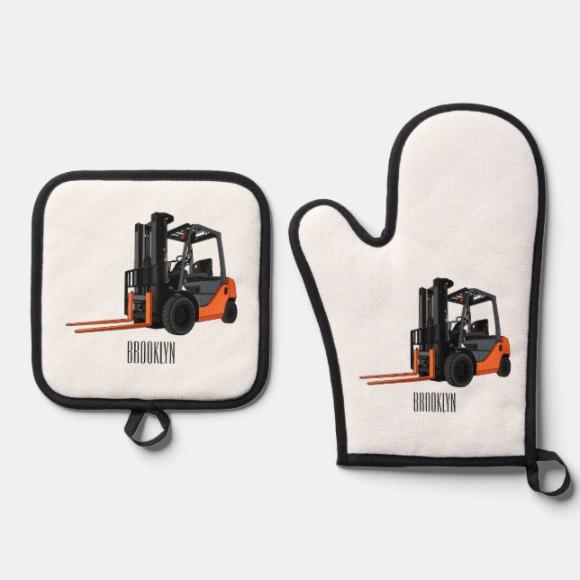 Forklift cartoon illustration oven mitt & pot holder set (Front)