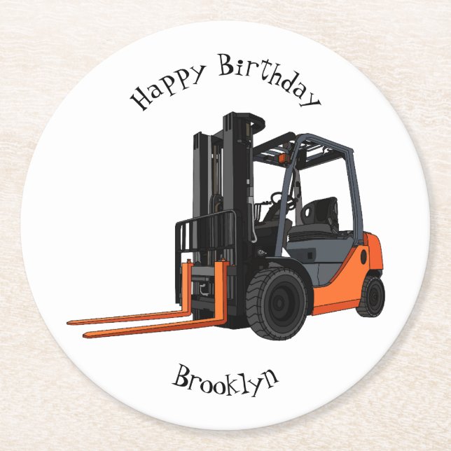 Forklift cartoon illustration round paper coaster (Front)