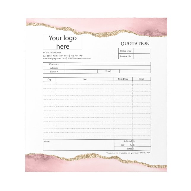 Form Business Quotation, Invoice or Sales Receipt  Notepad (Front)