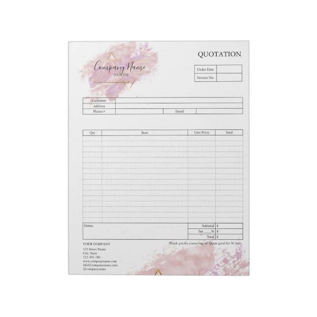 Form Business Quotation, Invoice or Sales Receipt  Notepad (Rotated)