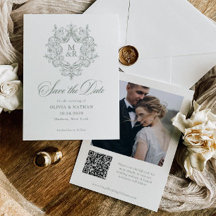Formal Antique Crest Sage Green Photo and QR Code Save The Date