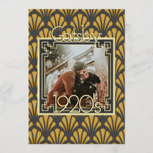 Formal Art Deco pattern black gold photo chic Invitation