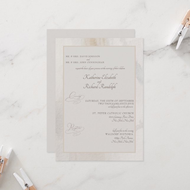Formal Beige Artistic Both Parents Wedding  Invitation (Front/Back In Situ)