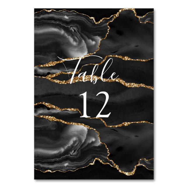 Formal Black Agate Gold Glitter Table Card (Front)