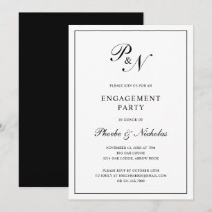Formal Black and White Monogram Engagement Party Invitation