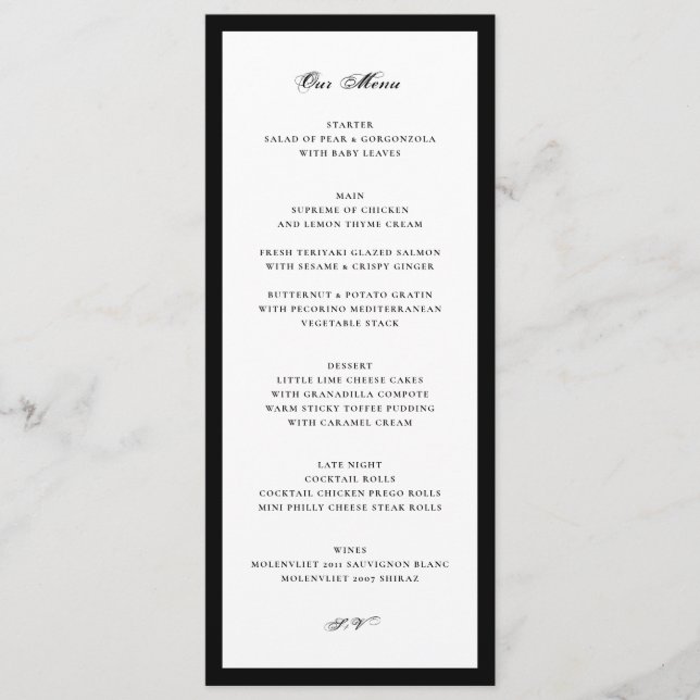 Formal Black and White Wedding Menu (Front)