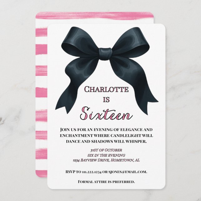 Formal Black Bow Halloween Invite - Pink Stripe (Front/Back)
