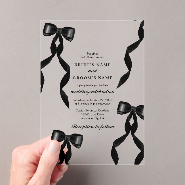 Formal Black Bow Ribbon Elegant Wedding Acrylic Invitations (Insitu (Handheld))