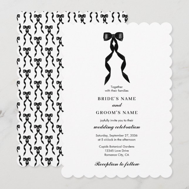 Formal Black Bow Ribbon Elegant Wedding Invitation (Front/Back)