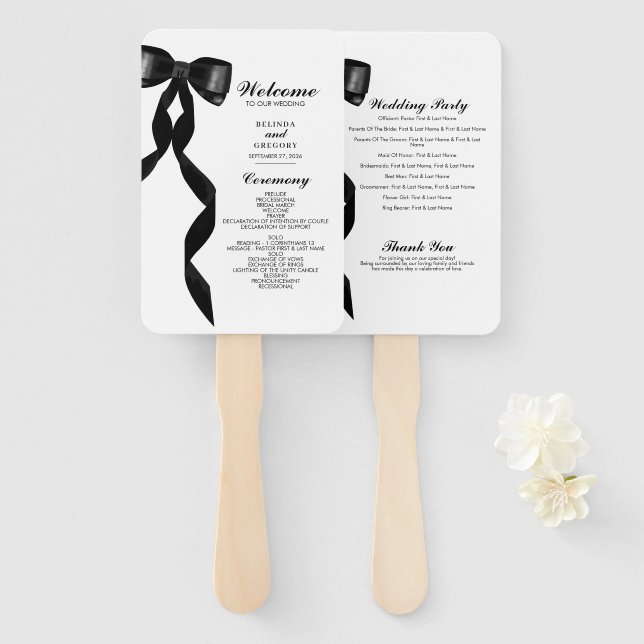 Formal Black Bow Ribbon Elegant Wedding Program Hand Fan (Front and Back)