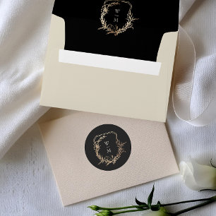 Formal Black & Cream Monogram Gold Wreath Wedding Classic Round Sticker