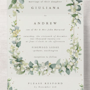 Formal Black/Cream Snowberry+Eucalyptus Wedding All In One Invitation