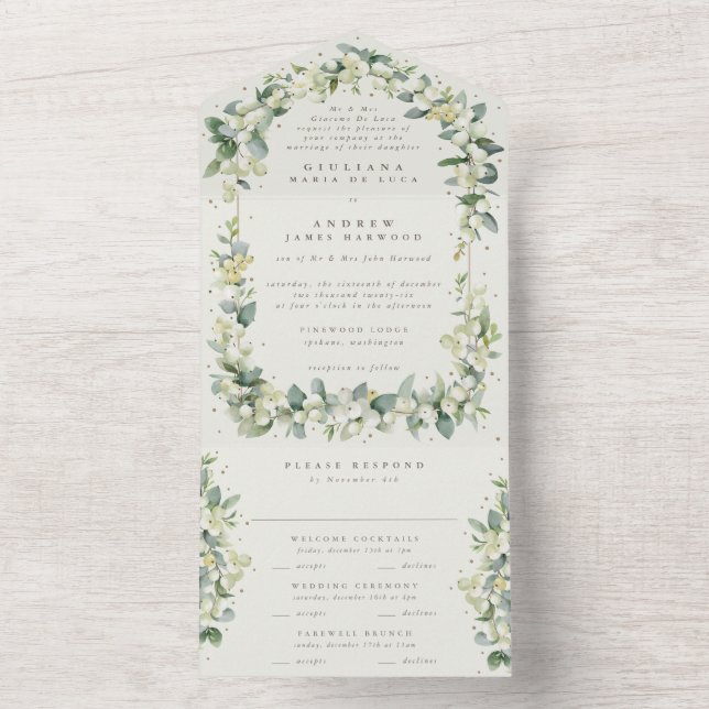 Formal Black/Cream Snowberry+Eucalyptus Wedding All In One Invitation (Inside)