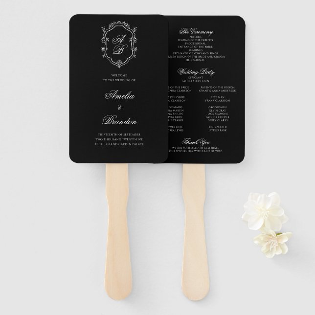Formal Black Floral Monogram Crest Wedding Program Hand Fan (Front and Back)