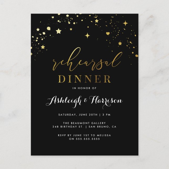 Formal Black & Gold Confetti Rehearsal Dinner Invitation Postcard (Front)