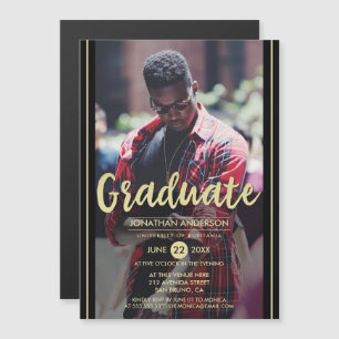 Formal Black & Gold Stripes & Script Grad Photo Magnetic Invitation