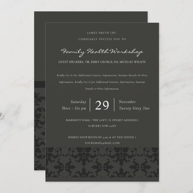 FORMAL BLACK GREY DAMASK CLASSIC WORKSHOP EVENT INVITATION (Front/Back)