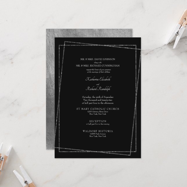 Formal Black & Metallic Silver Geometric Wedding  Invitation (Front/Back In Situ)