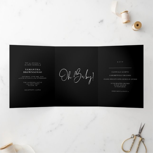 Formal Black Modern Baby Shower Tri-Fold Card (Inside)