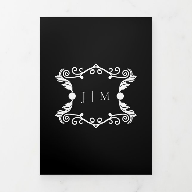Formal Black Modern Ornament Frame Wedding Tri-Fold Card (Cover)