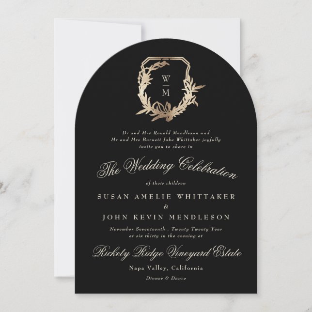 Formal Black Monogram Gold Wreath Wedding Arch Invitation (Front)