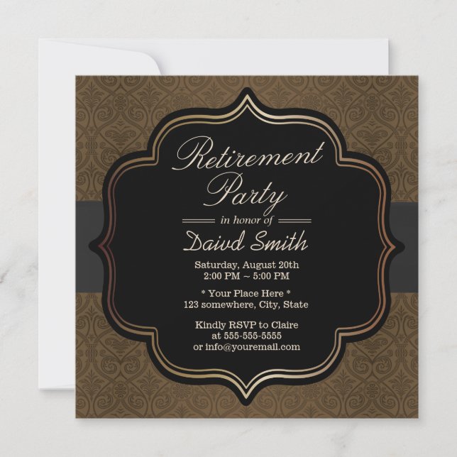 Formal Black Ribbon Brown Damask Retirement Party Invitation (Front)