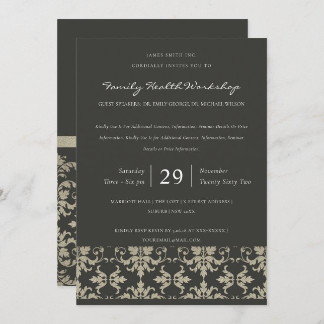 FORMAL BLACK SILVER DAMASK CLASSIC WORKSHOP EVENT INVITATION (Front/Back)