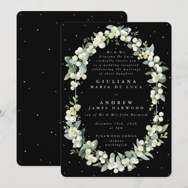 Formal Black Snowberry+Eucalyptus Reception Only Invitation (Front/Back)