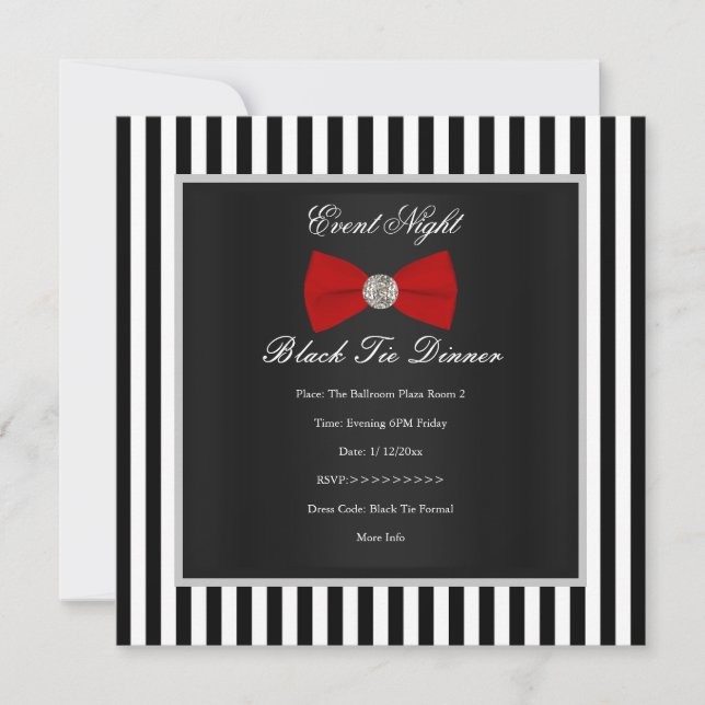 Formal Black Tie Dinner Red Black White Stripe Bow Invitation (Front)