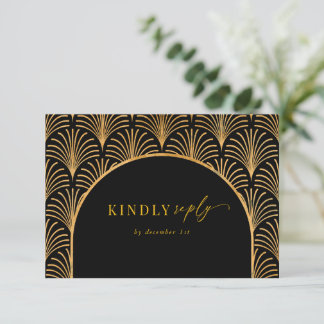Formal Black Tie Gold Art Deco RSVP with Meals Card