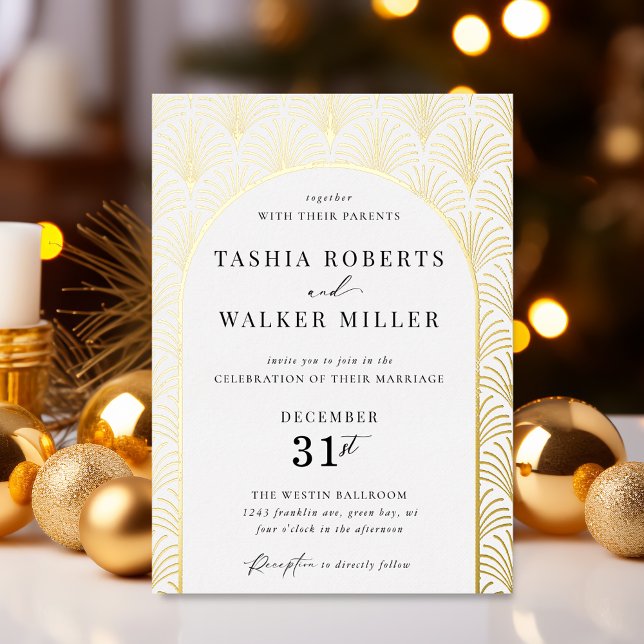 Formal Black Tie Gold Art Deco Wedding Gold (Formal Real Foil Gold Art Deco New Years Eve, Christmas Wedding Invitation )