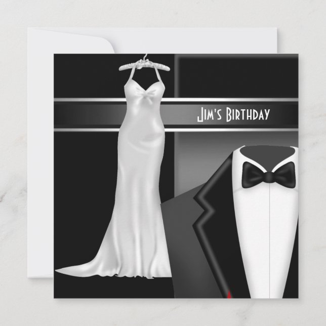 Formal Black Tie White dress Birthday Invitation (Back)