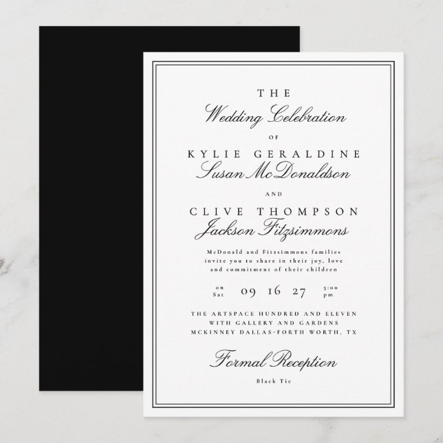 Formal Black & White Classic Frames Wedding Invitation (Front/Back)