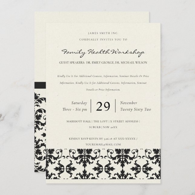 FORMAL BLACK & WHITE DAMASK CLASSIC WORKSHOP EVENT INVITATION (Front/Back)