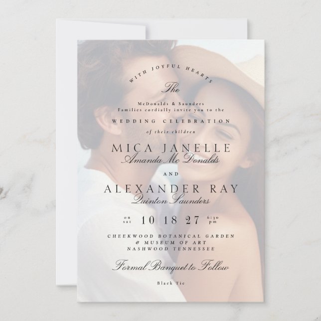 Formal Black White Elegant Overlay Photo Wedding Invitation (Front)