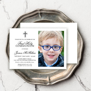 Formal Black White First Communion Photo Boy Invitation