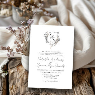Formal Black/White Floral Crest Monogram Wedding Invitation