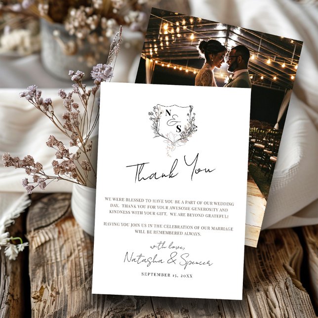 Formal Black & White Floral Crest Monogram Wedding Thank You Card (Creator Uploaded)