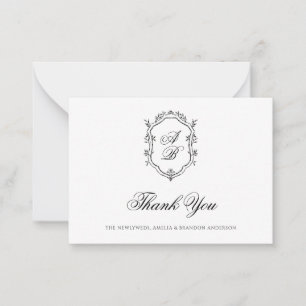 Formal Black & White Floral Monogram Crest Wedding Card