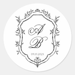 Formal Black & White Floral Monogram Crest Wedding Classic Round Sticker