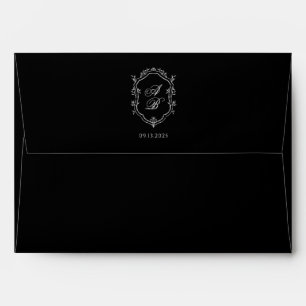 Formal Black & White Floral Monogram Crest Wedding Envelope